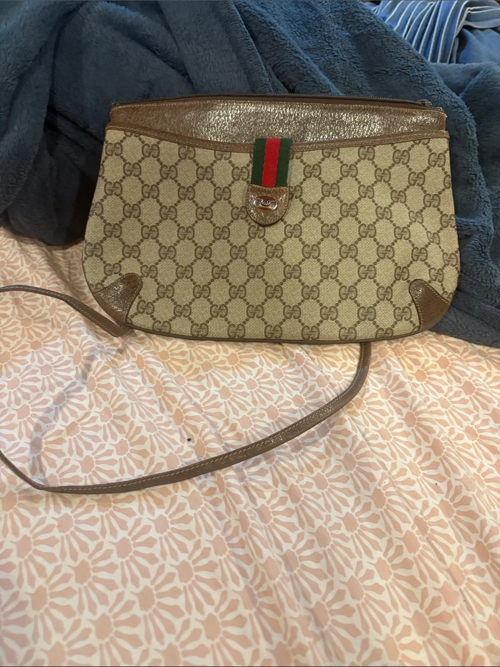 Gucci Beige Monogram Crossbody with Brown Leather and Green-Red Web